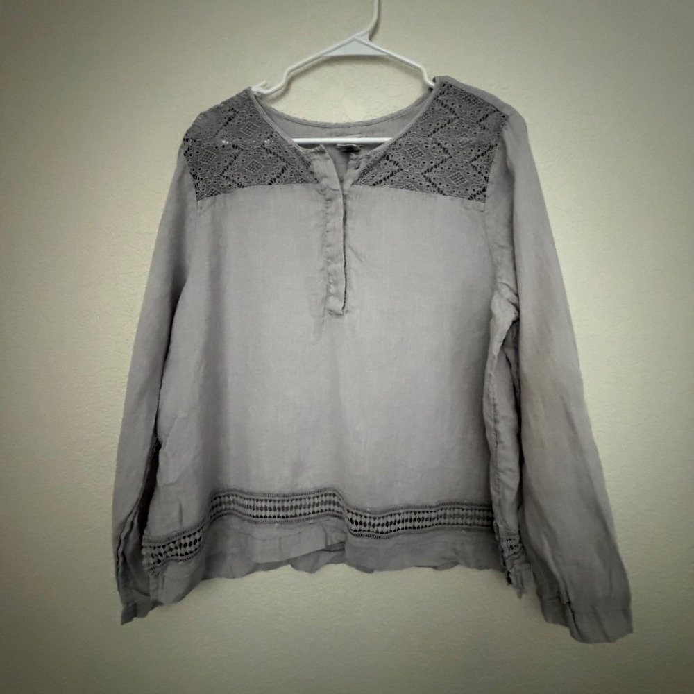 Artisan NY Women XL Gray 100% Linen Crochet Lace Trim Long Sleeve Boho Blouse